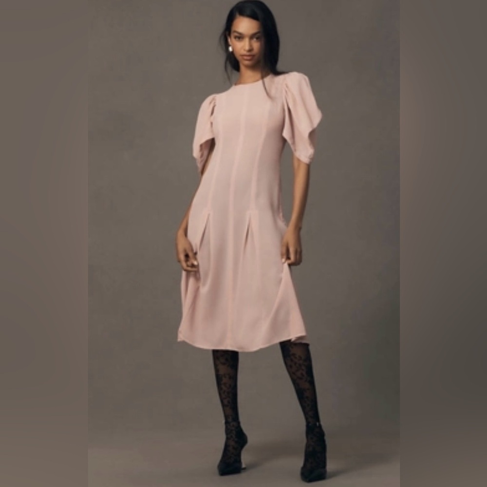 Anthropologie Pale Pink Puff-Sleeve Midi Dress